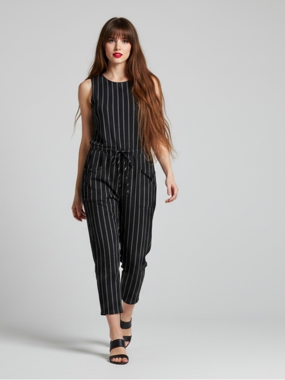 RVCA Pop Out Pinstripe Jumpsuit Sleeveless Drawstring Black Size S